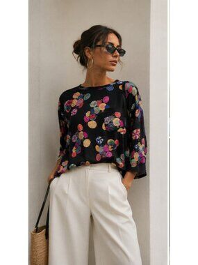 Vintage Julie Francis 100% Silk Black Colorful Print Rhinestone Blouse Size 6